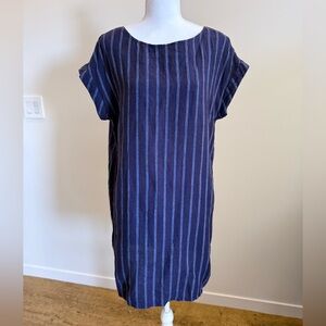 Tahari Smock Dress 100% Linen size Large Lagenlook Stripes Beachy Coastal Chic